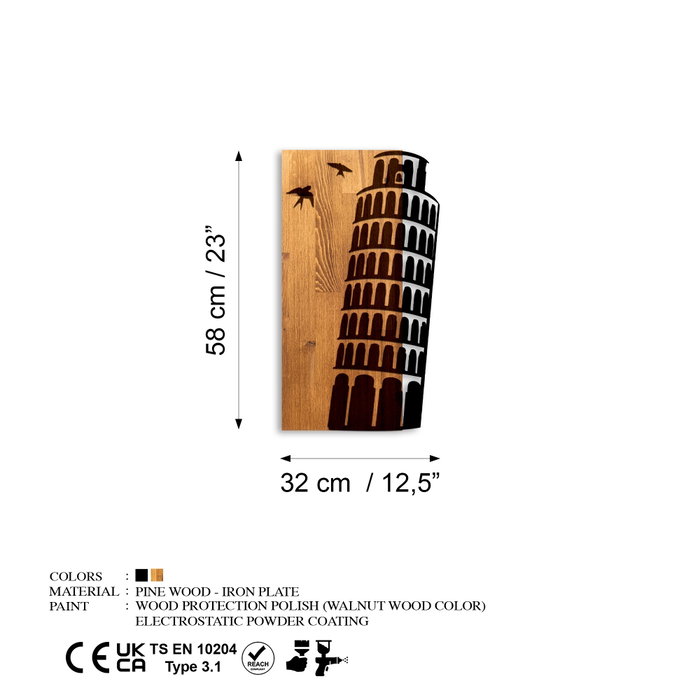Wallity Torre de Pisa - Escultura de pared de madera y metal en Nogal y Negro